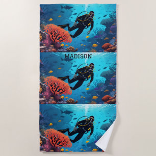 Custom Name Scuba Diver Beach Towel
