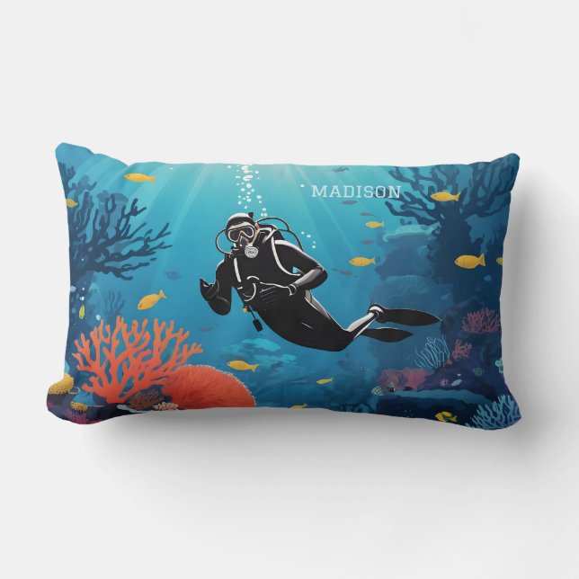 Custom Name Scuba Diver Lumbar Pillow (Front)