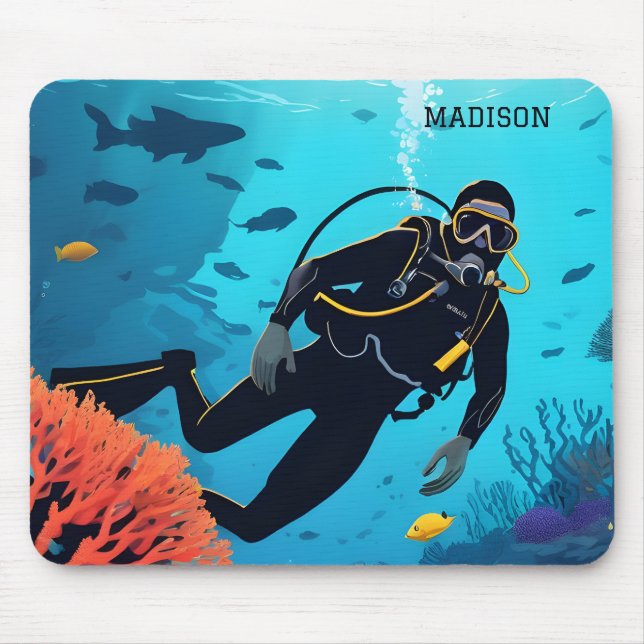 Custom Name Scuba Diver Mouse Pad (Front)