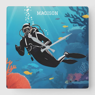 Custom Name Scuba Diver Square Wall Clock