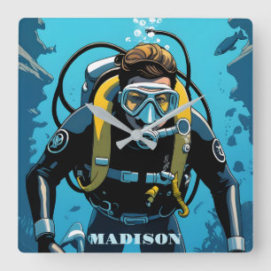 Custom Name Scuba Diver Square Wall Clock