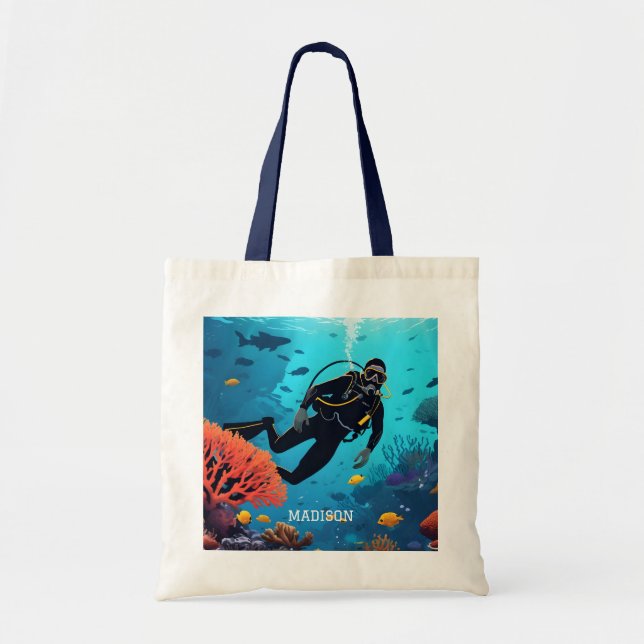 Custom Name Scuba Diver Tote Bag (Front)