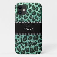 Custom name seafoam green glitter leopard print