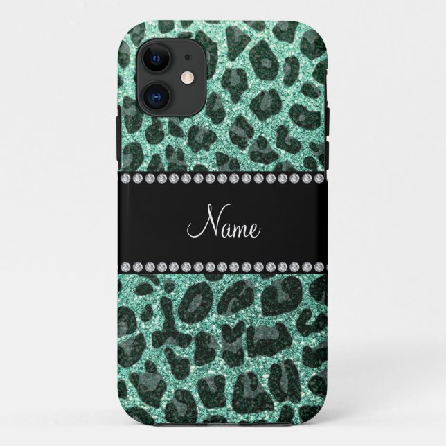 Custom name seafoam green glitter leopard print Case-Mate iPhone case (Back)