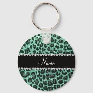 Custom name seafoam green glitter leopard print keychain