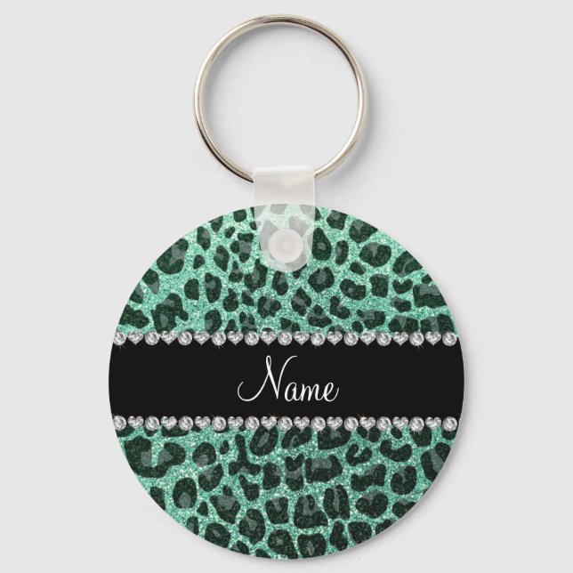 Custom name seafoam green glitter leopard print keychain (Front)