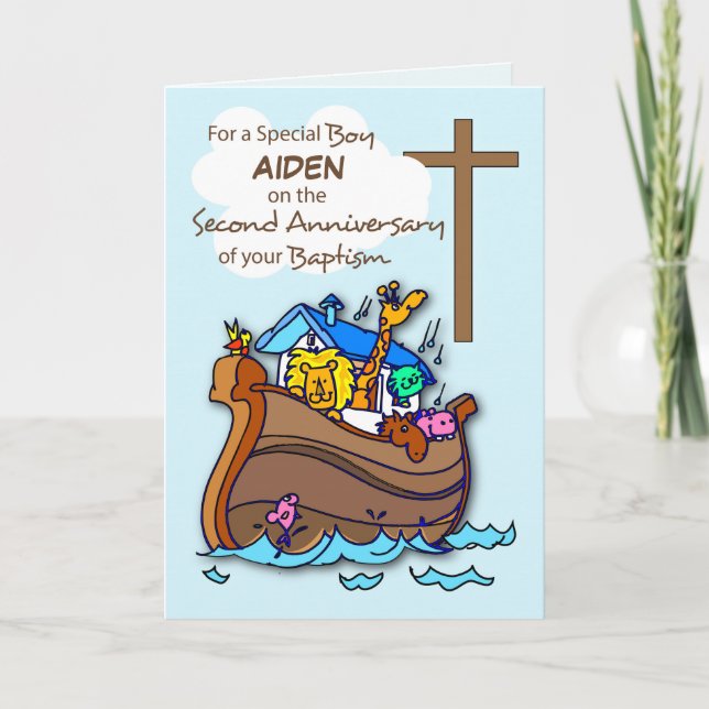 Custom Name Second Anniversary of Baptism Boy Noah Card (Front)
