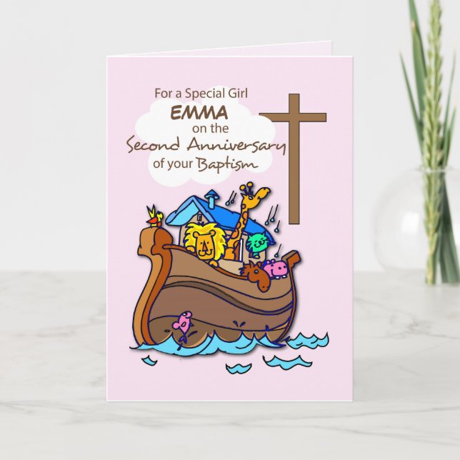 Custom Name Second Anniversary of Baptism Girl Ark Card (Front)