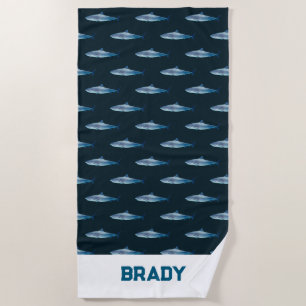Custom Name Shark Watercolor Painting Pattern Beach Towel