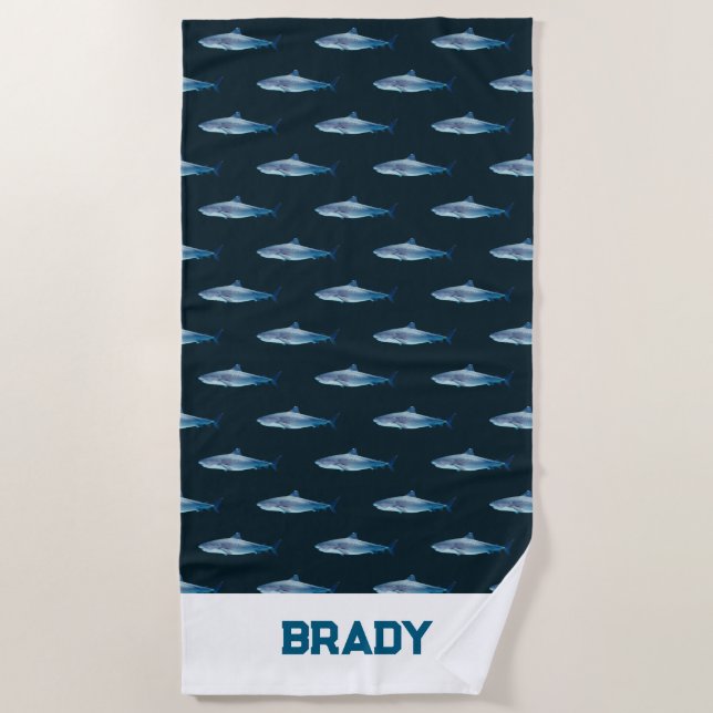 Custom Name Shark Watercolor Painting Pattern Beach Towel (Front)