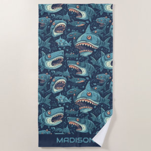 Custom Name Sharks Pattern Beach Towel