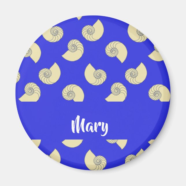 Custom name shells on blue magnet (Front)