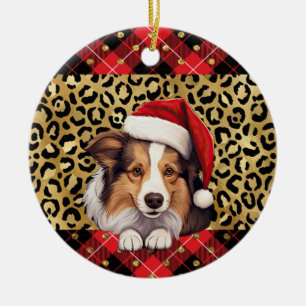 Custom Name Shetland Sheepdog dog Santa hat Buffal Ceramic Ornament