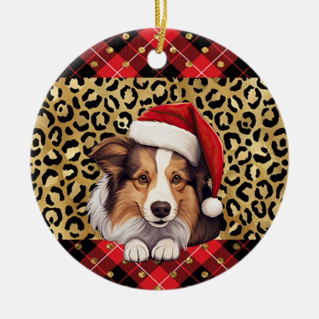 Custom Name Shetland Sheepdog dog Santa hat Buffal Ceramic Ornament (Front)