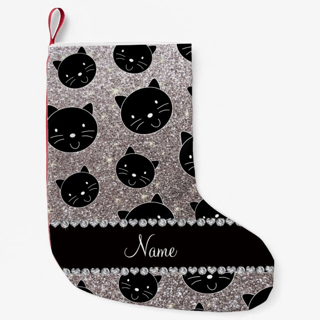 Custom name silver glitter black cat faces small christmas stocking (Front)
