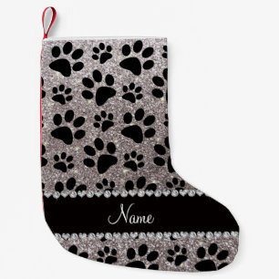 Custom name silver glitter black dog paws small christmas stocking