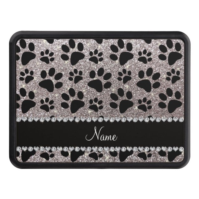 Custom name silver glitter black dog paws trailer hitch cover (Front)