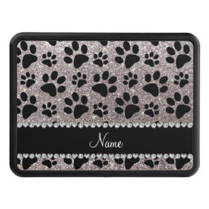 Custom name silver glitter black dog paws trailer hitch cover
