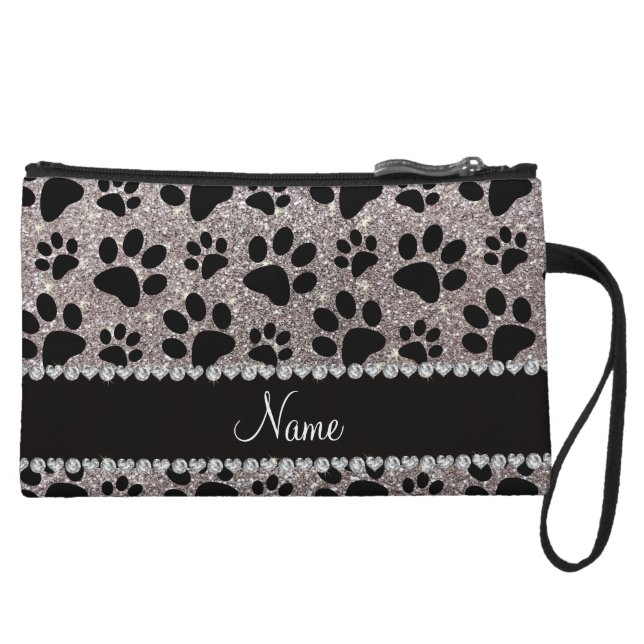 Custom name silver glitter black dog paws wristlet (Front)
