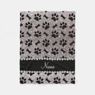 Custom name silver glitter bones dog paws fleece blanket