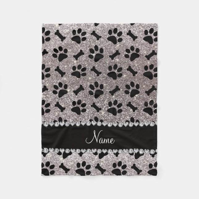 Custom name silver glitter bones dog paws fleece blanket (Front)
