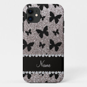 Custom name silver glitter butterflies iPhone 11 case