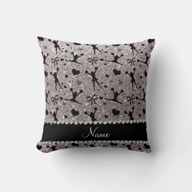 Custom name silver glitter cheerleading throw pillow (Front)