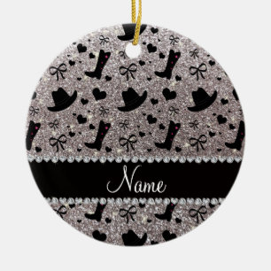 Custom name silver glitter cowboy boots hats ceramic ornament