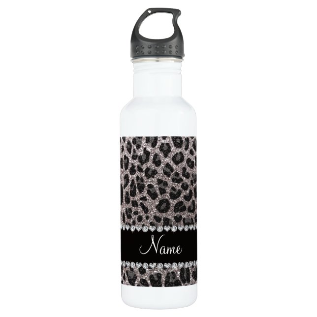 Custom name silver glitter leopard spots 710 ml water bottle (Front)