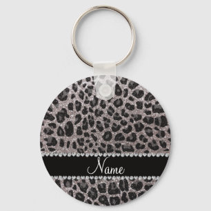 Custom name silver glitter leopard spots keychain