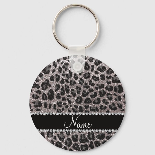 Custom name silver glitter leopard spots keychain (Front)