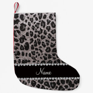 Custom name silver glitter leopard spots small christmas stocking
