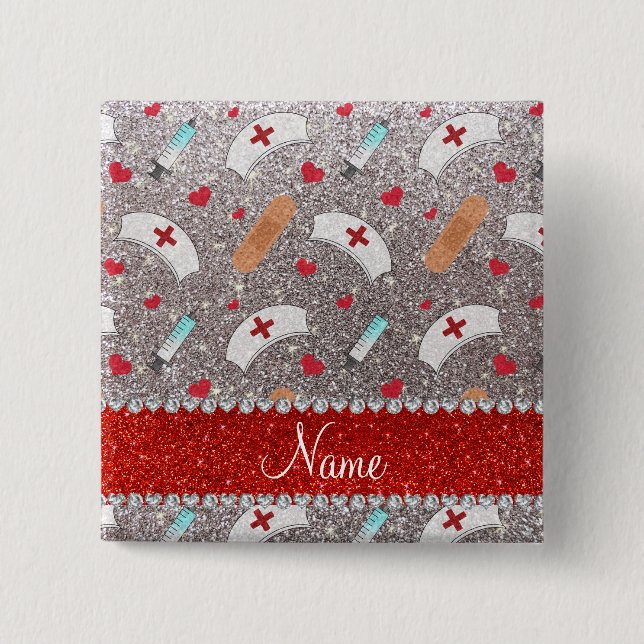 Custom name silver glitter nurse hats heart 2 inch square button (Front)