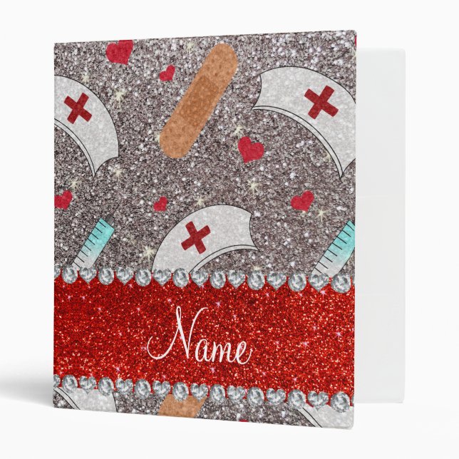 Custom name silver glitter nurse hats heart binder (Front/Inside)