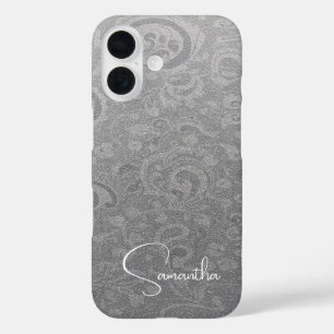 Custom Name Silver Glitter Ornament Pattern iPhone 16 Case