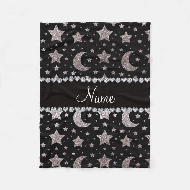 Custom name silver glitter stars and moons fleece blanket (Front)