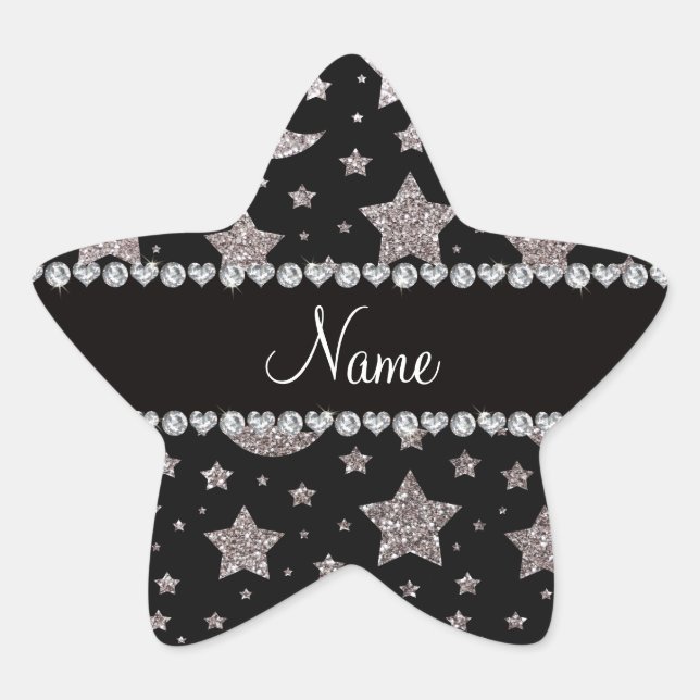 Custom name silver glitter stars and moons star sticker (Front)