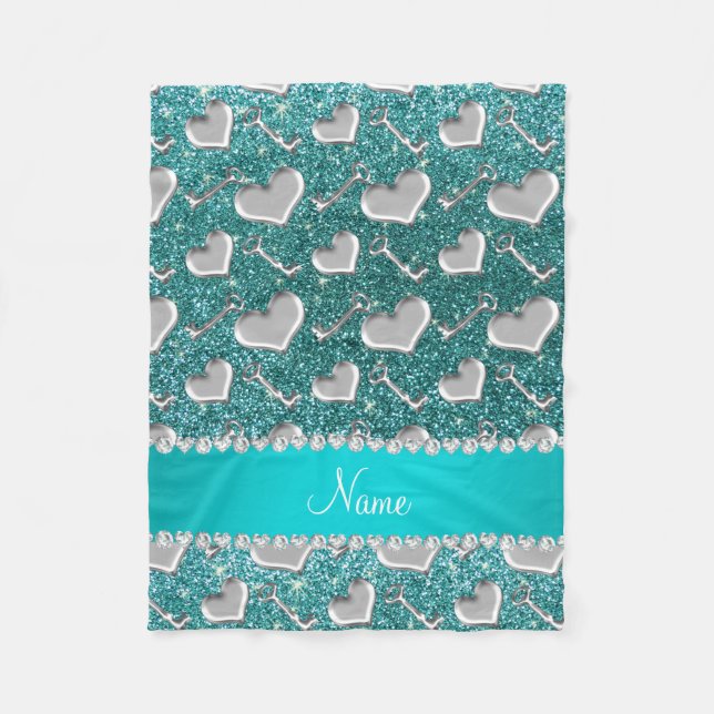 Custom name silver hearts keys turquoise glitter fleece blanket (Front)