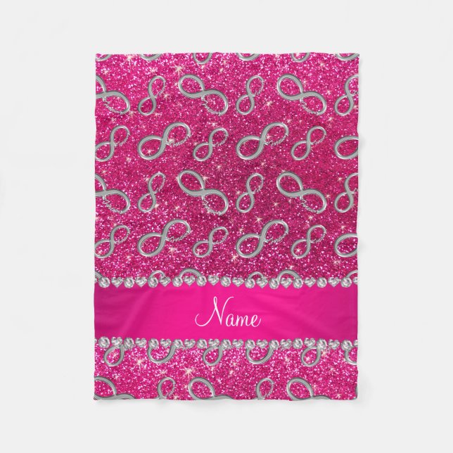 Custom name silver infinity neon hot pink glitter fleece blanket (Front)