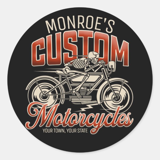 Custom NAME Skeleton Motorcycle Cycle Shop Classic Round Sticker (Front)