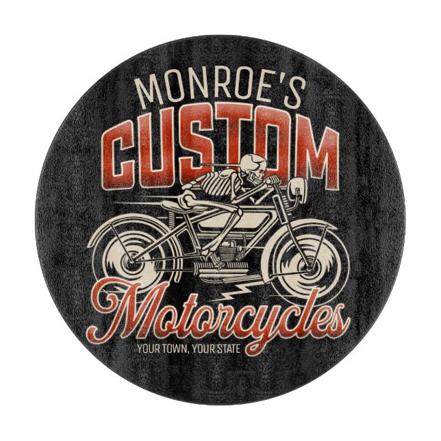 Custom NAME Skeleton Motorcycle Cycle Shop Cutting Board (Front)