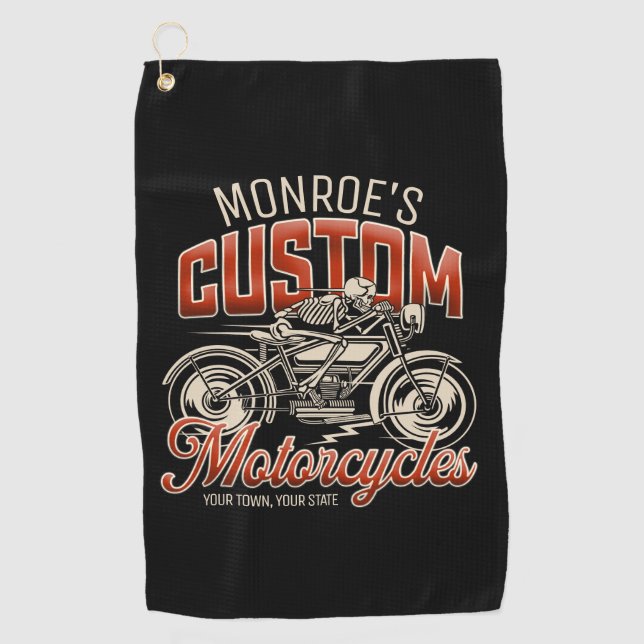 Custom NAME Skeleton Motorcycle Cycle Shop Golf Towel (Front)