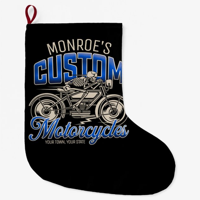 Custom NAME Skeleton Motorcycle Cycle Shop Large Christmas Stocking (Front)