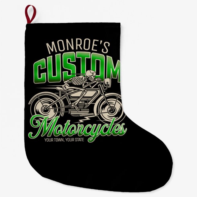 Custom NAME Skeleton Motorcycle Cycle Shop Large Christmas Stocking (Front)