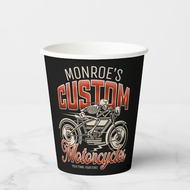 Custom NAME Skeleton Motorcycle Cycle Shop  Paper Cups (Front)