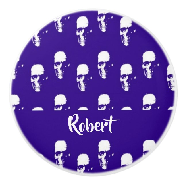 Custom name skulls on blue ceramic knob (Front)