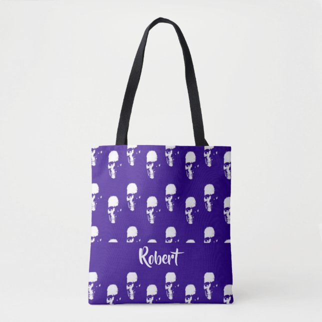 Custom name skulls on blue tote bag (Front)