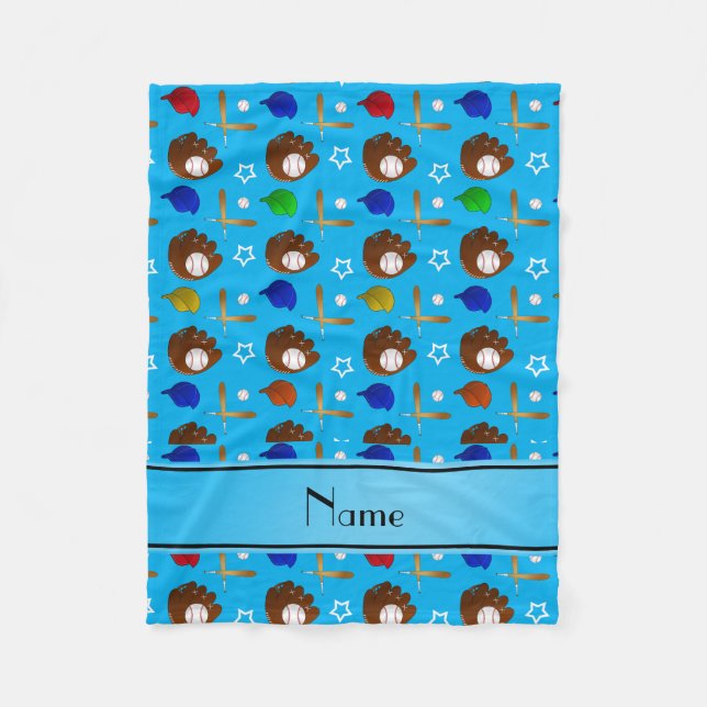 Custom name sky blue baseball glove hats balls fleece blanket (Front)