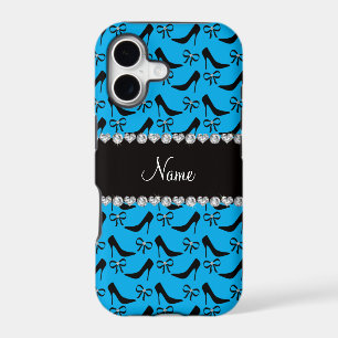 Custom name sky blue black high heels bow diamond