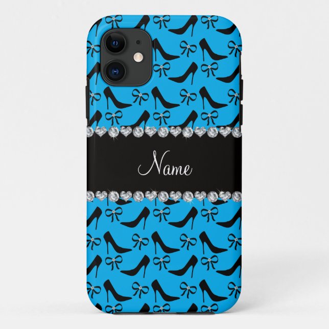 Custom name sky blue black high heels bow diamond Case-Mate iPhone case (Back)